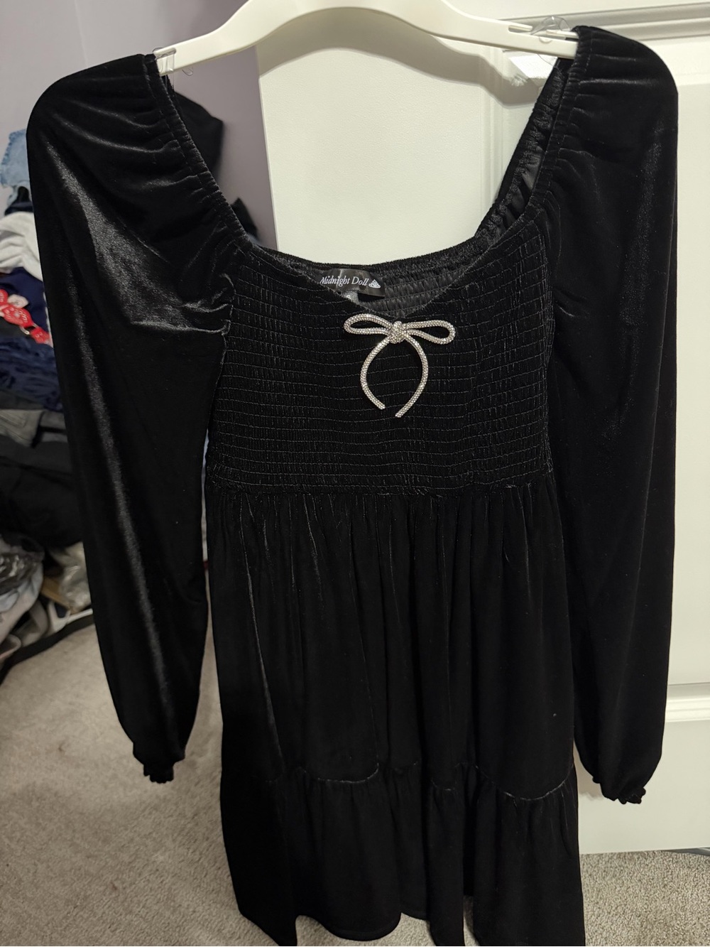 Smocked Velvet Long-Sleeve Bow Dress — Black